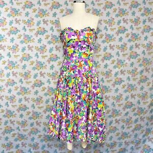 Vintage 80s vibrant floral strapless midi dress.